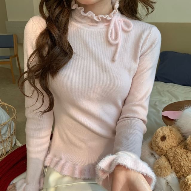 Beem-Long Sleeve Mock Neck Plain Ruffle Bow Knit Top