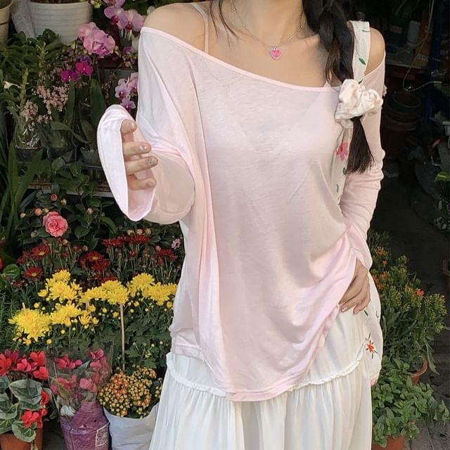 Beem-Long-Sleeve Off Shoulder Plain T-Shirt