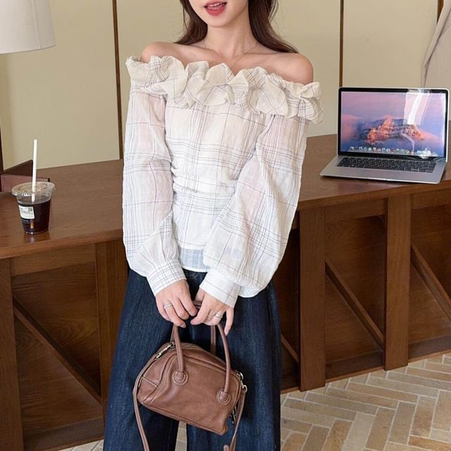 Beem-Long Sleeve Off-Shoulder Ruffle Trim Plaid Blouse
