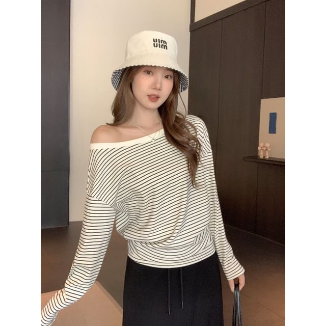 Beem-Long-Sleeve Off Shoulder Striped Tee