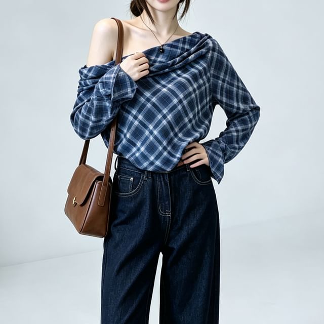 Beem-Long Sleeve One Shoulder Plaid Top