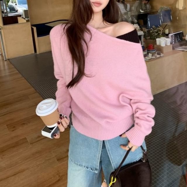 Beem-Long Sleeve One Shoulder Two Tone Panel Knit Top