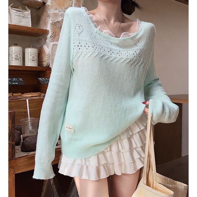 Beem-Long-Sleeve Round Neck Pointelle Knit Top