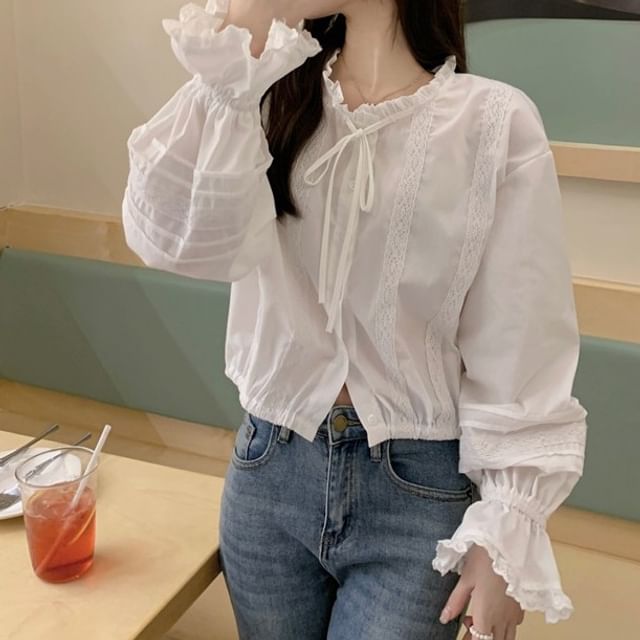 Beem-Long-Sleeve Stand Collar Lace Panel Button-Up Crop Blouse