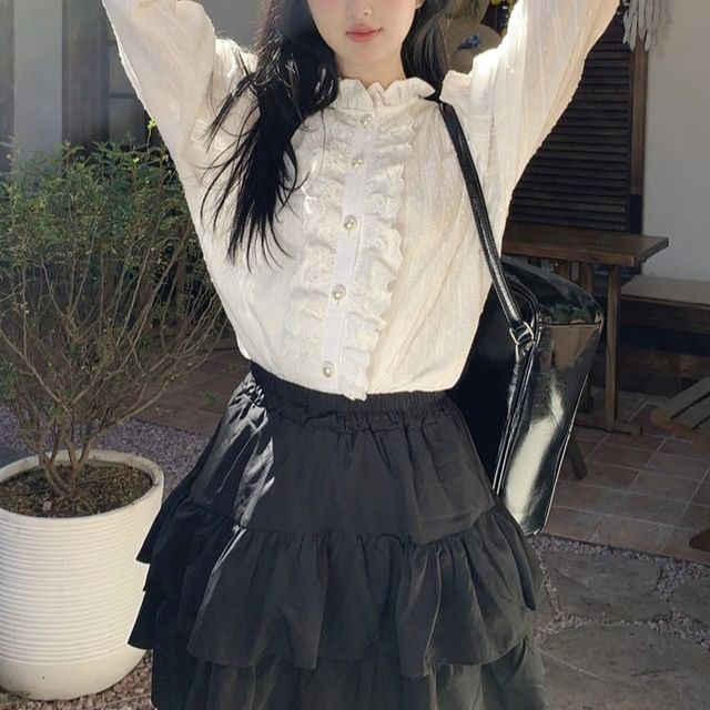 Beem-Long-Sleeve Stand Collar Lace Trim Button Up Blouse