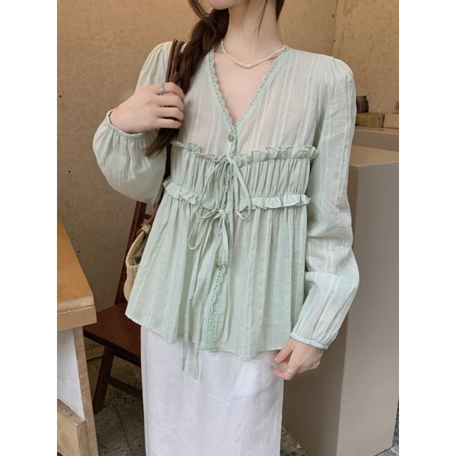 Beem-Long-Sleeve V-Neck Plain Flowy Top