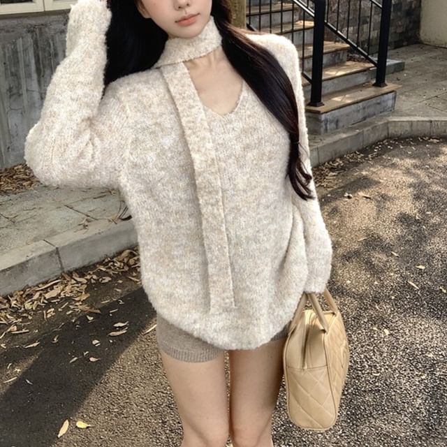 Beem-Long-Sleeve V-Neck Plain Knit Top