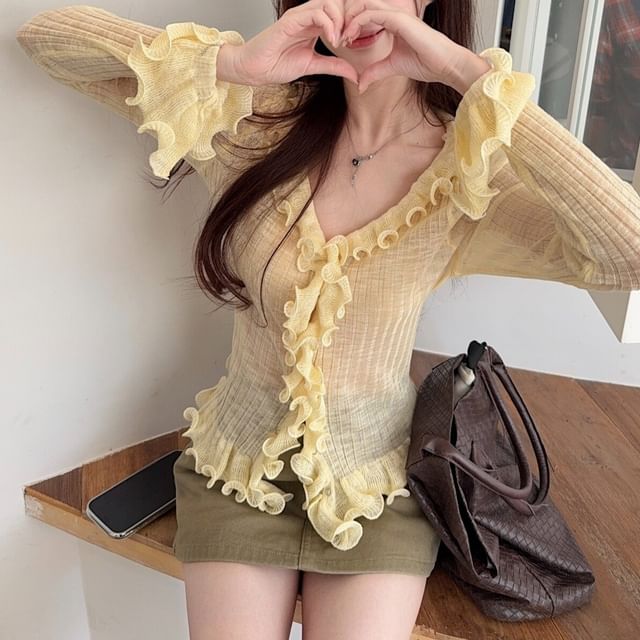 Beem-Long-Sleeve V-Neck Plain Ruffle Trim Knit Top