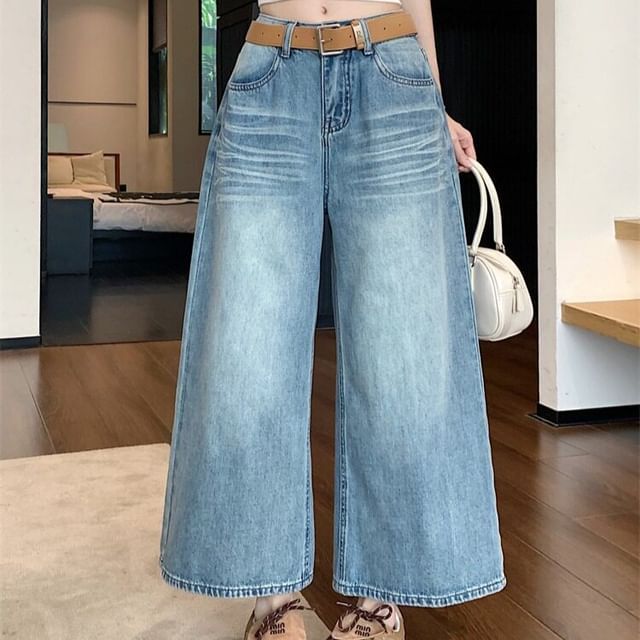 Beem-Mid Rise Washed Cropped Wide Leg Jeans