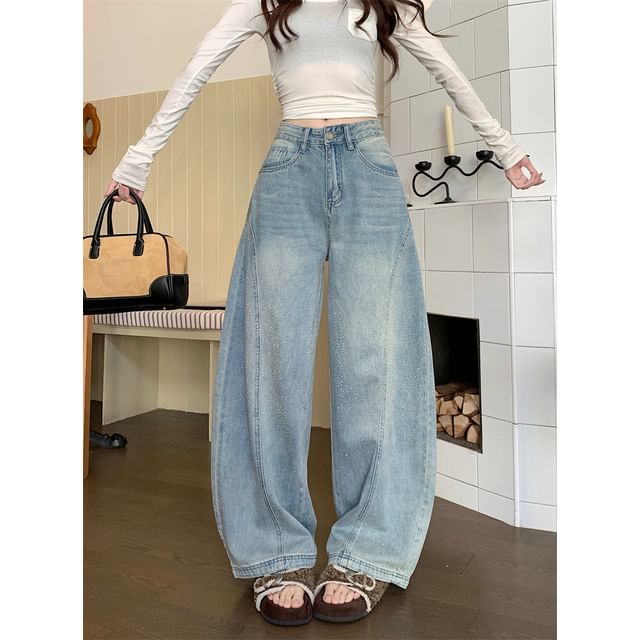 Beem-Mid Rise Washed Rhinestone Baggy Jeans