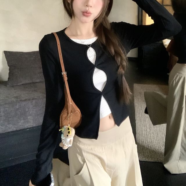 Beem-Mock Two-Piece Long-Sleeve Crew Neck Dotted Panel Cutout Slit Crop T-Shirt