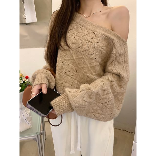 Beem-Off-Shoulder Plain Perforated Crop Sweater