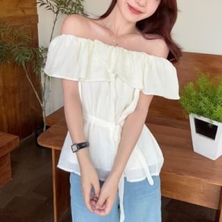 Beem-Off-Shoulder Plain Ruffled Tie-Side Blouse