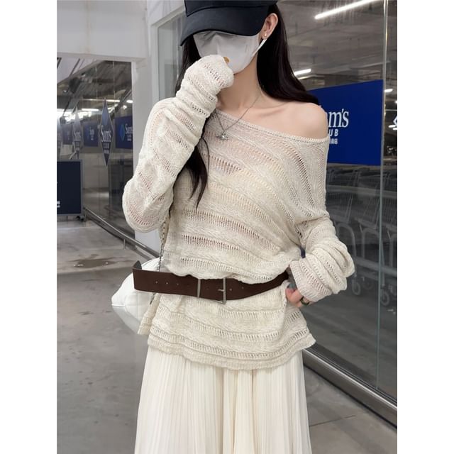 Beem-One-Shoulder Plain Pointelle Knit Sweater