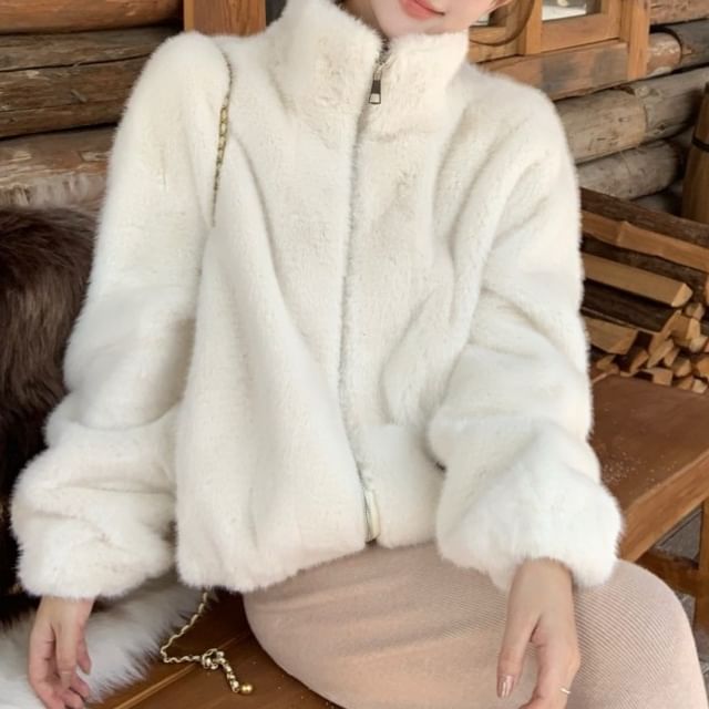 Beem-Plain Fluffy Zip Jacket High Rise Flared Pants
