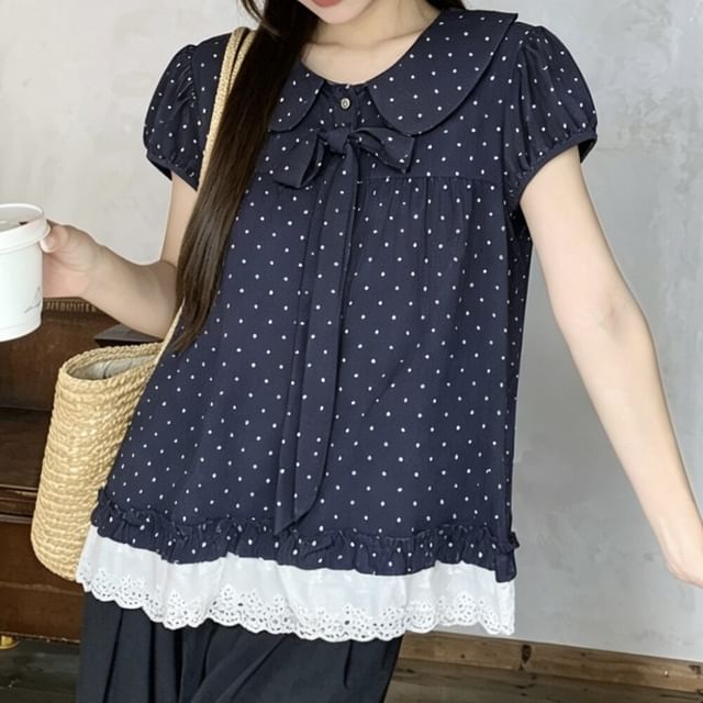 Beem-Puff-Sleeve Peter Pan Collar Micro Dot Lace Panel Frill Trim Blouse