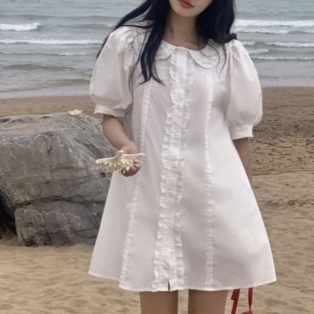 Beem-Puff-Sleeve Plain Ruffle Trim Collared Button-Up Mini A-Line Dress