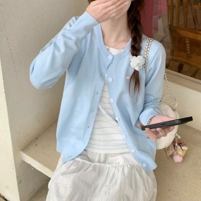 Beem-Round Neck Plain Button Up Cardigan