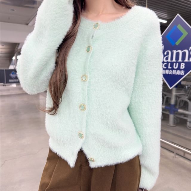 Beem-Round Neck Plain Cardigan