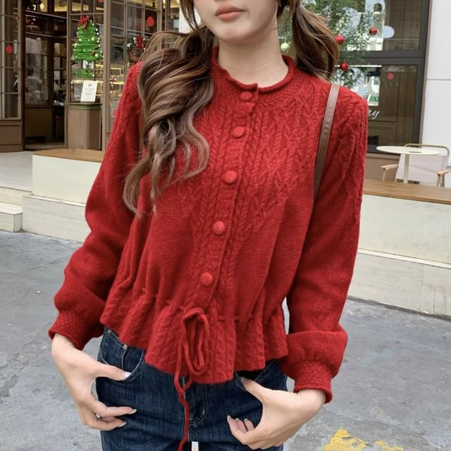 Beem-Round Neck Plain Drawstring Cable Knit Cardigan