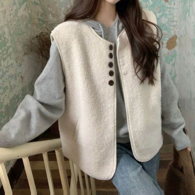 Beem-Round Neck Plain Fleece Button Up Vest