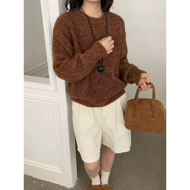 Beem-Round Neck Plain Oversized Sweater