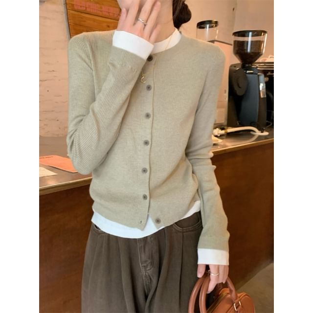 Beem-Round Neck Plain Ribbed Knit Button Up Cardigan