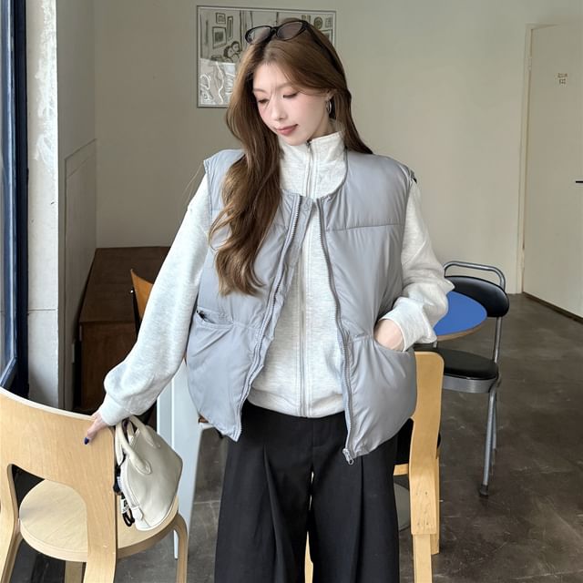 Beem-Round Neck Plain Zip Puffer Vest