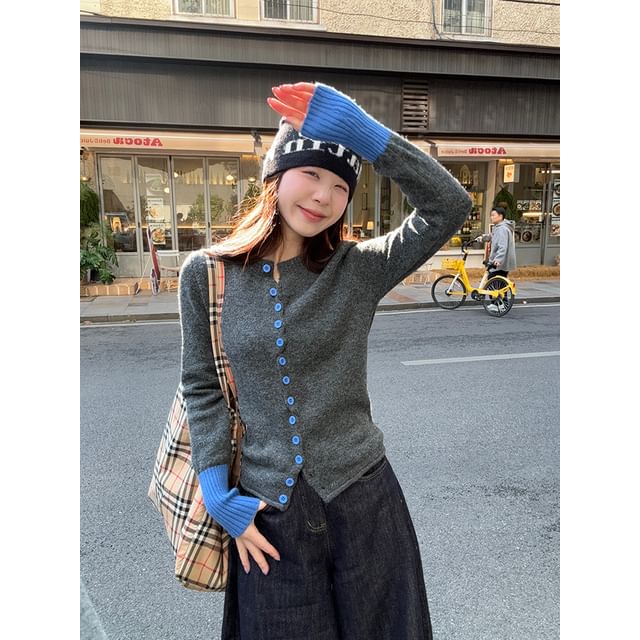 Beem-Round Neck Two Tone Button Up Cardigan