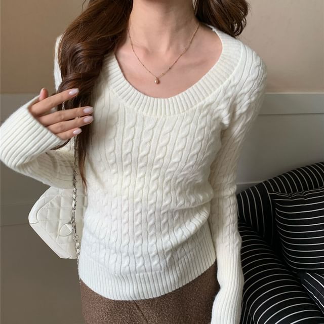 Beem-Scoop Neck Plain Cable Knit Sweater
