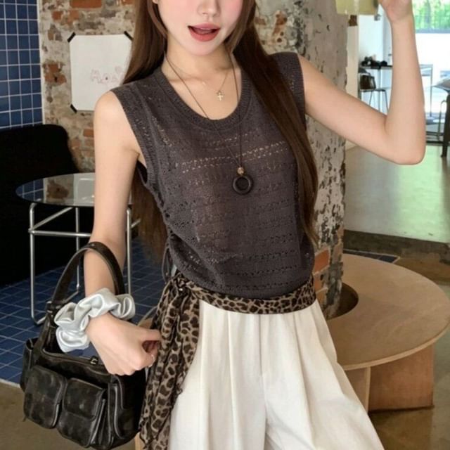 Beem-Scoop Neck Plain Pointelle Knit Tank Top