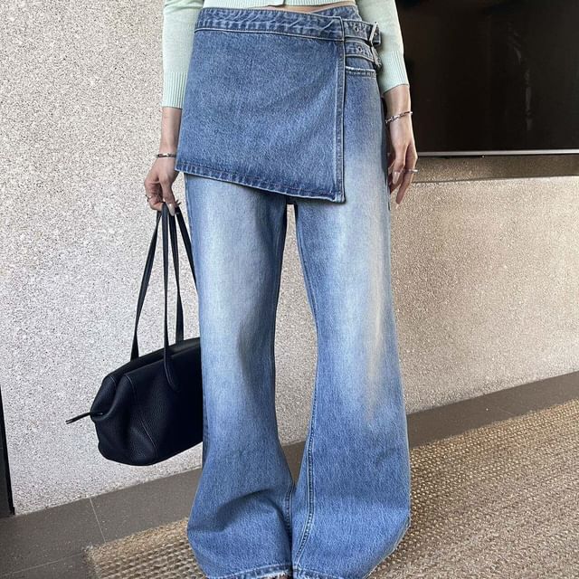 Beem-Set Low Rise Washed Flared Jeans Decorative Hem