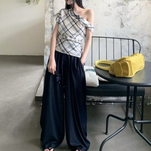 Beem-Short-Sleeve Cold Shoulder Plaid Blouse Drawstring Waist Plain Wide Leg Pants