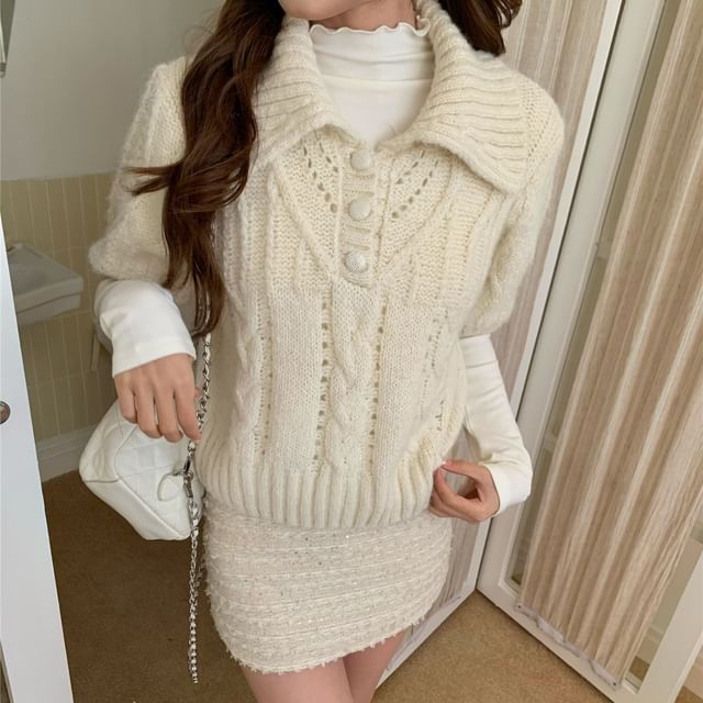 Beem-Short Sleeve Collared Plain Button Cable Knit Sweater Long Sleeve Mock Neck Plain Ruffle Top
