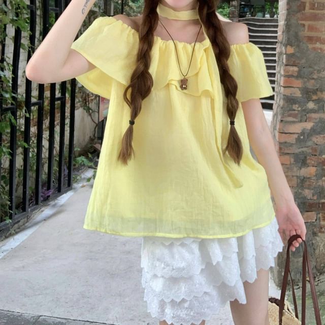 Beem-Short Sleeve Off Shoulder Plain Ruffle Blouse