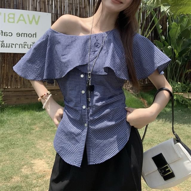 Beem-Short-Sleeve Off Shoulder Ruffle Plaid Button Up Shirt