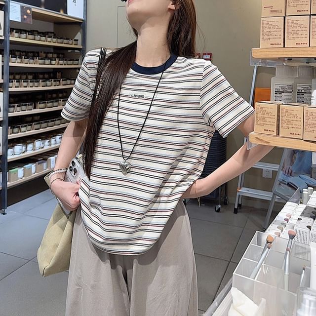Beem-Short-Sleeve Round Neck Striped Tee