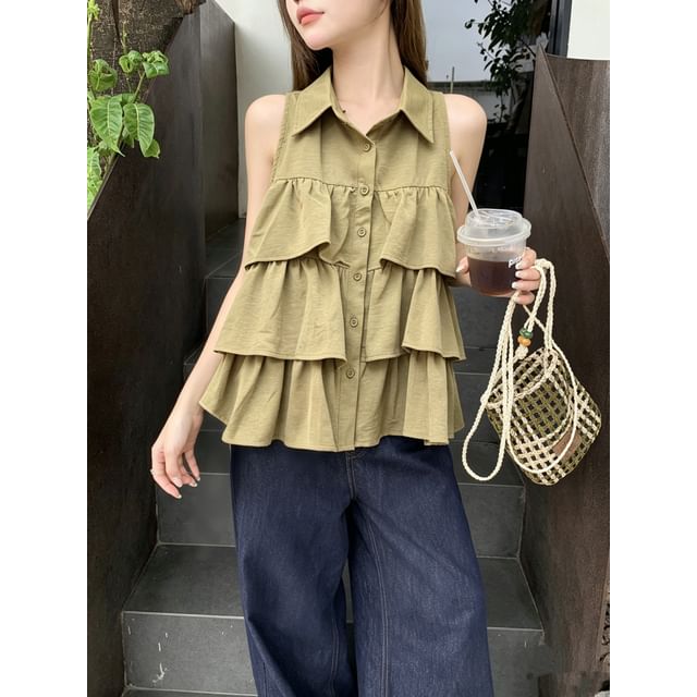Beem-Sleeveless Collared Tiered Ruffle Button-Up Plain Blouse