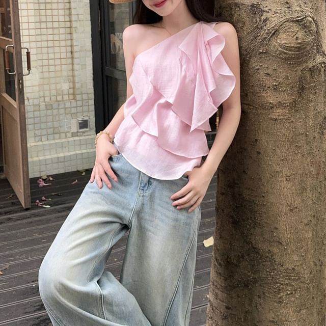 Beem-Sleeveless One Shoulder Plain Ruffle Top