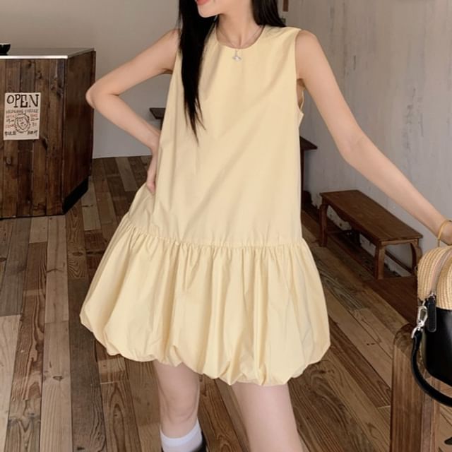 Beem-Sleeveless Round Neck Plain Bubble Mini A-Line Dress