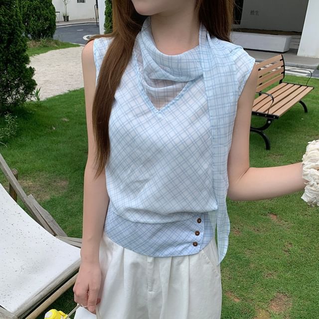 Beem-Sleeveless Scarf Neck Plaid Buttoned Blouse