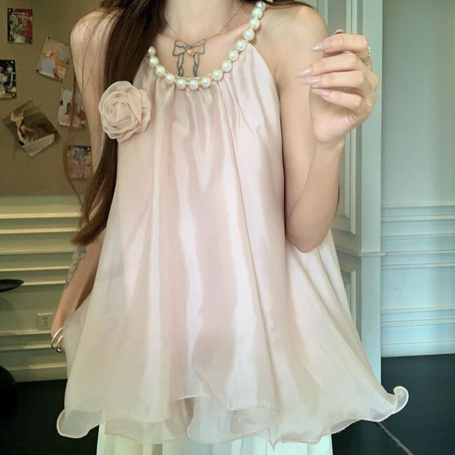 Beem-Sleeveless U-Neck Beaded Ruffle Plain Top