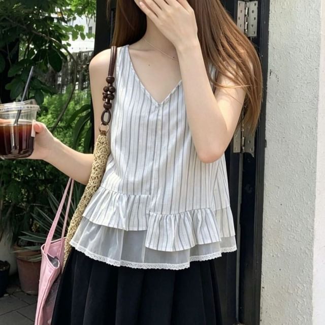 Beem-Sleeveless V-Neck Pinstripe Layered Crop Top