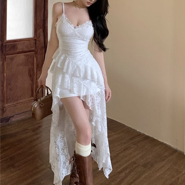 Beem-Spaghetti Strap V-Neck Plain Asymmetrical High-Low Ruffle Lace Sheath Dress