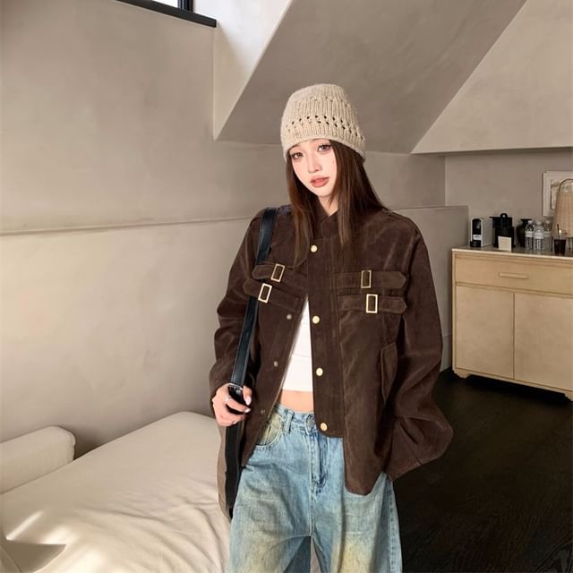 Beem-Stand Collar Button-Up Crop Jacket