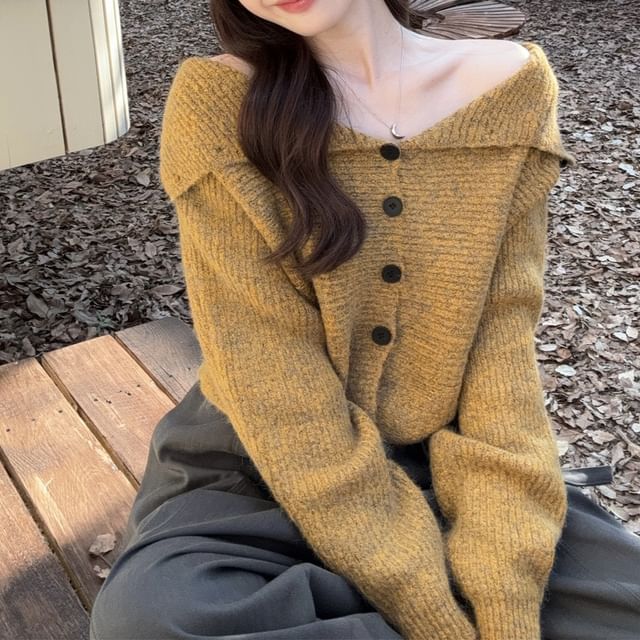Beem-Stand Collar Melange Button-Up Crop Cardigan
