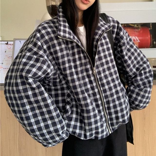 Beem-Stand Collar Plaid Zip Puffer Jacket