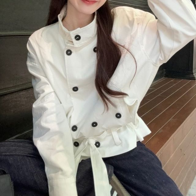 Beem-Stand Collar Plain Double Breasted Trench Jacket