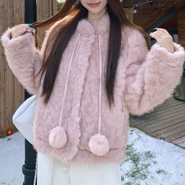 Beem-Stand Collar Plain Pom Pom Faux Fur Jacket