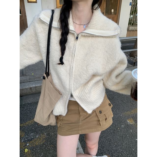 Beem-Stand Collar Plain Zip Cardigan